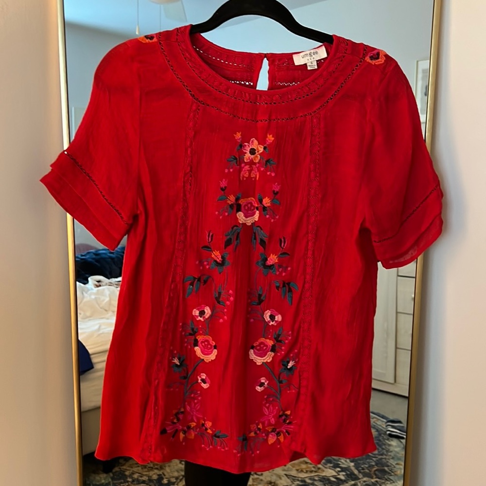Umgee Embroidered Red Blouse with Flowers